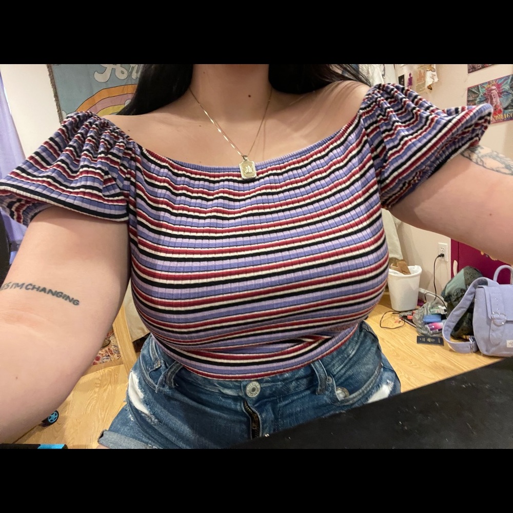 Wild Fable Purple Striped Puffed Sleeve Crop Top